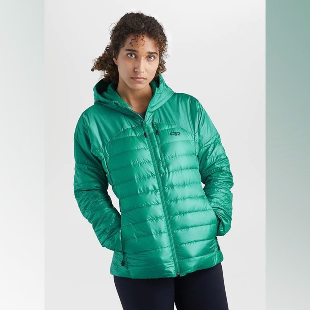 Outdoor Research XS Women's Helium Hooded 800+ Down Jacket Jade Green Turquoise